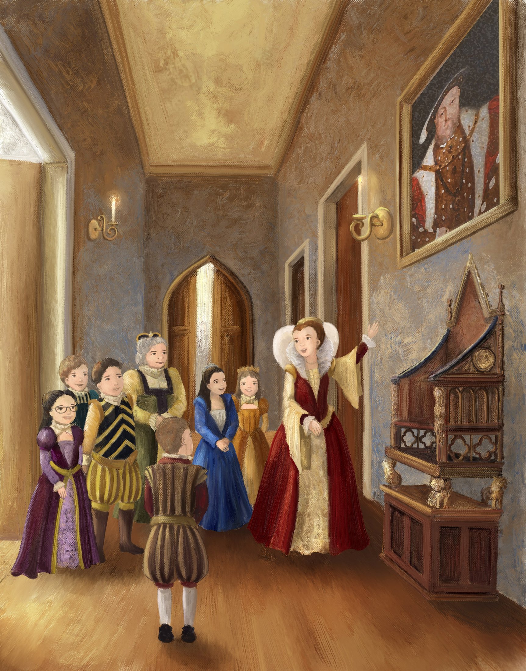 Illustration of Queen Elizabeth I welcoming the Young World Travelers down a palace hallway, from 'A Globe Within a Globe'.